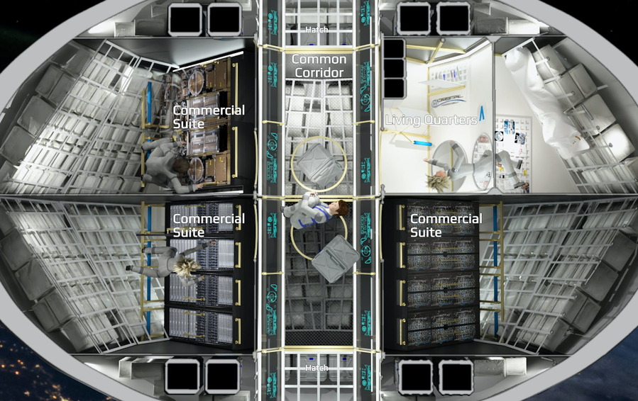 Layout of Orbital Assembly's upcoming Pioneer station luxury space hotel.