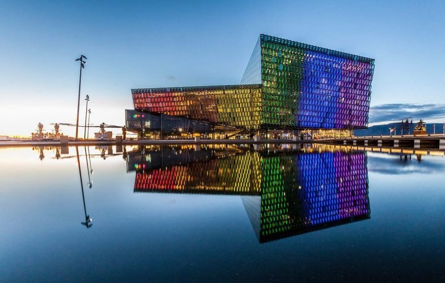 The glass-bound Harpa Concert Hall in Reykjavik, Iceland