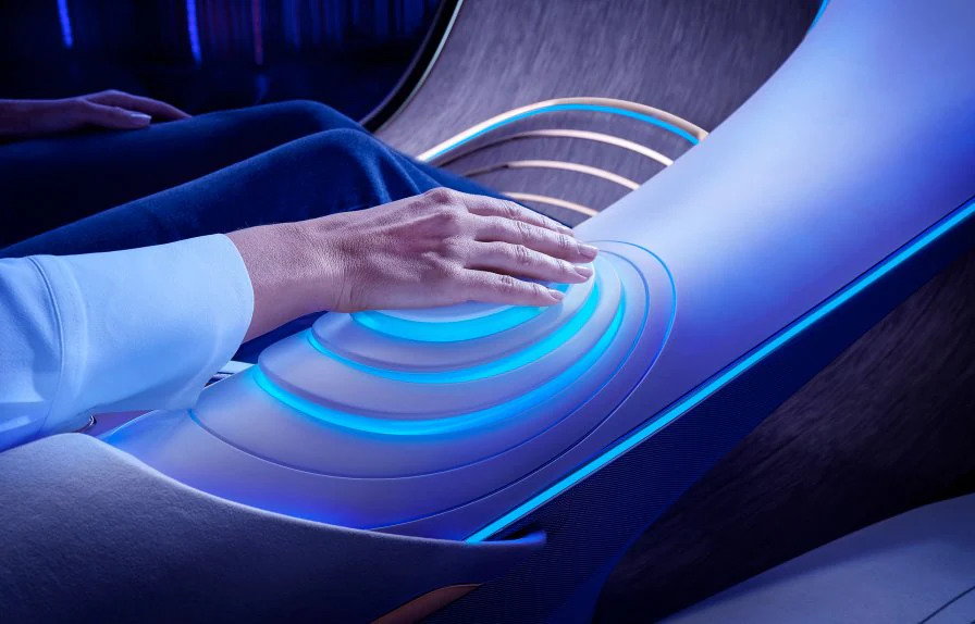 Minimalist blue center console inside the Mercedes-Benz VISION AVTR concept.