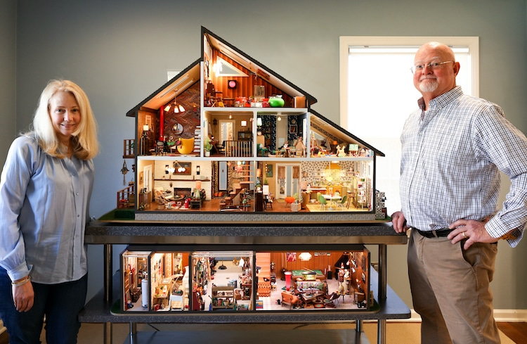 Missouri couple Annie Kampfe and Cliff Donnelly proudly display their midcentury modern dollhouse, mostly built during the coronavirus lockdowns of 2020.