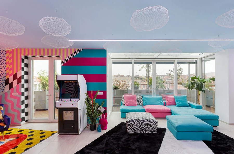 Inside the uber-colorful, retro-inspired living room of the Defhouse.
