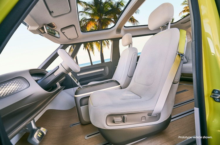 View inside the front seats of the upcoming Volkswagen I.D. Buzz.