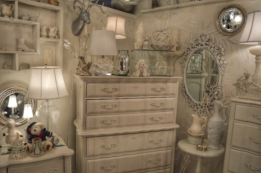 Older-feeling pieces like this dresser and mirror get to the very essence of what shabby chic is all about.
