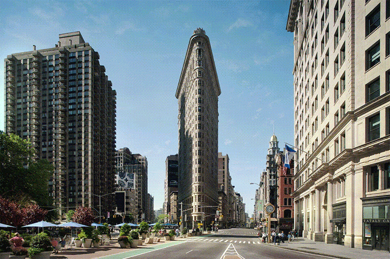New York City's Flatiron District is transformed into a verdant paradise full of living greenery, as digitally transformed by WATG.