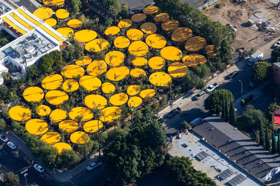 Aerial view of the bright yellow pods that make up Selgacanso's mostly-outdoor Second Home Hollywood co-working space.
