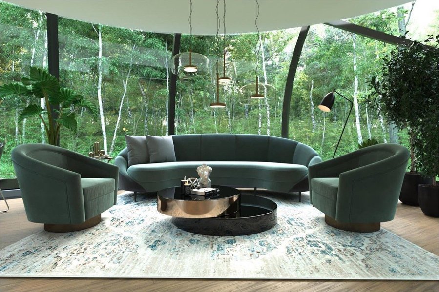 Contemporary living area in the Living O'Pod enjoys gorgeous views of wildlife and greenery all around.