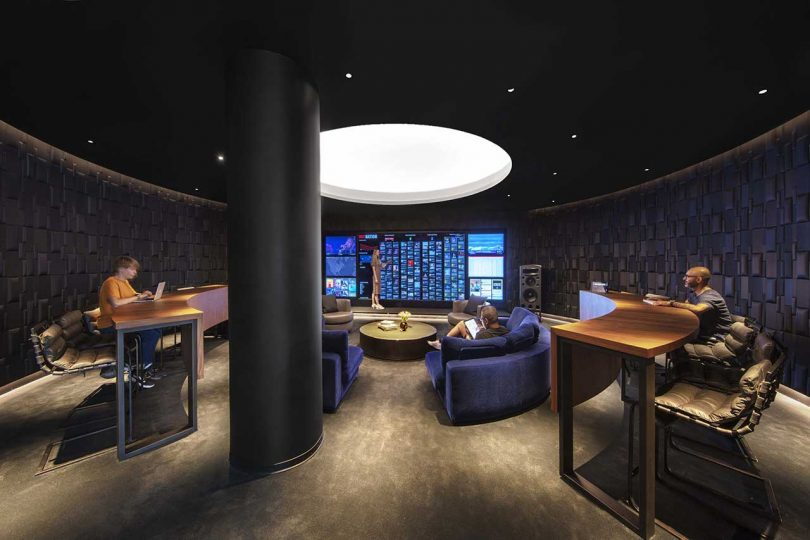 Sleek blue conference room in Jay Z's new NYC Roc Nation offices.