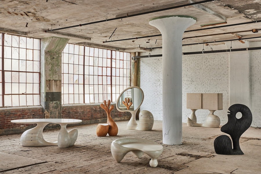 Sculptural wooden furniture pieces featured in Aaron Poritz' 
