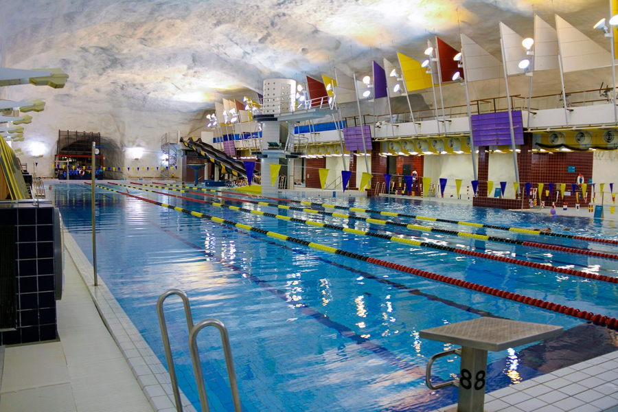 Expansive swimming pool set up inside one of Finland's many underground bunkers.