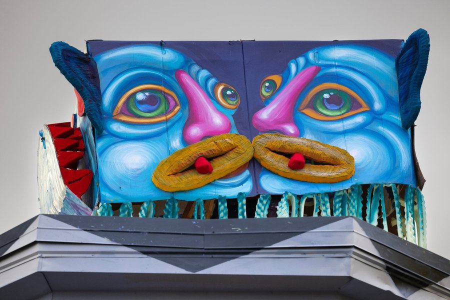 Fun, psychedelic paint details featured in Danaé Brissonet's monster puppet mural in Montreal.