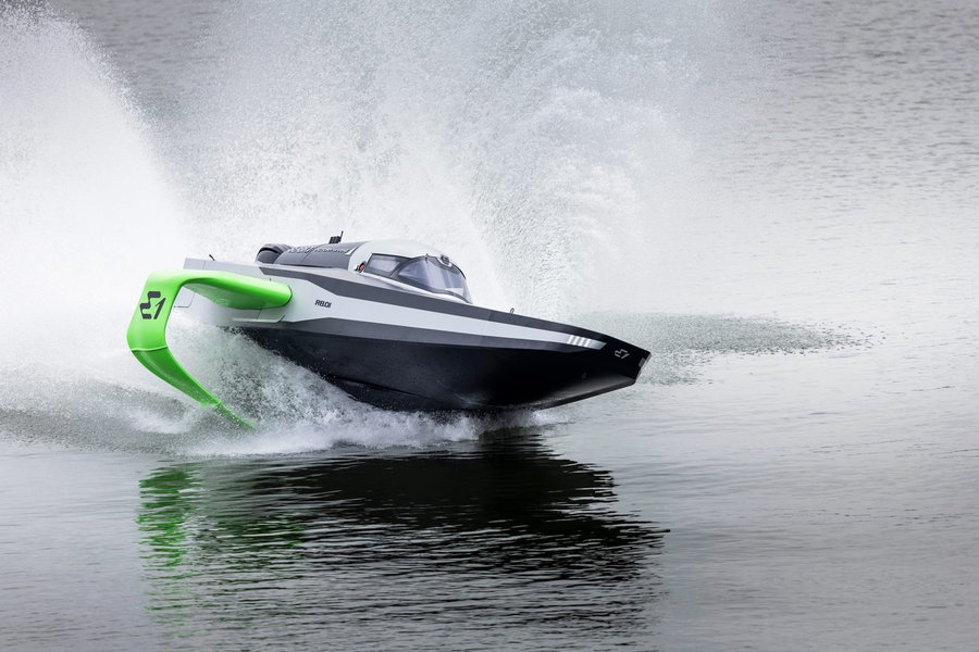 The E1 RaceBird all-electric hydrofoil racing boat zips through the water with ease.