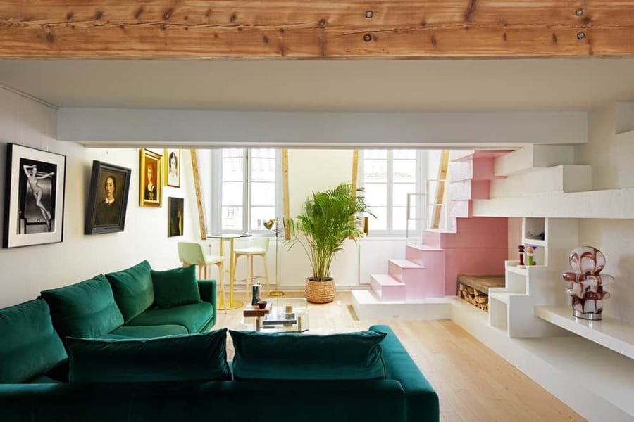 Bright, colorful living area inside a Manuelle Gautrand-renovated Paris apartment.