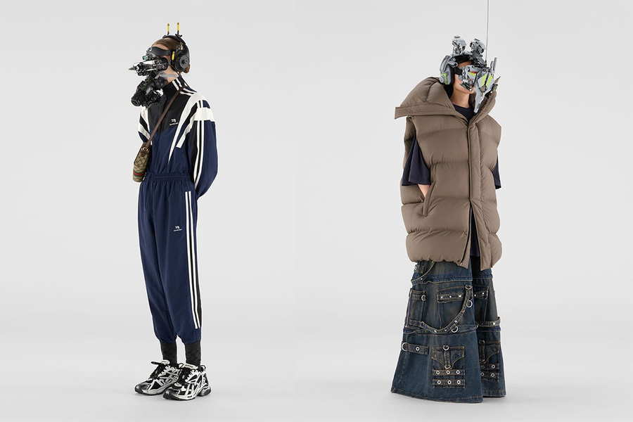 Models sport baggy, warm casual wear and futuristic robotic masks for Balenciaga's Spring 22 campaign.
