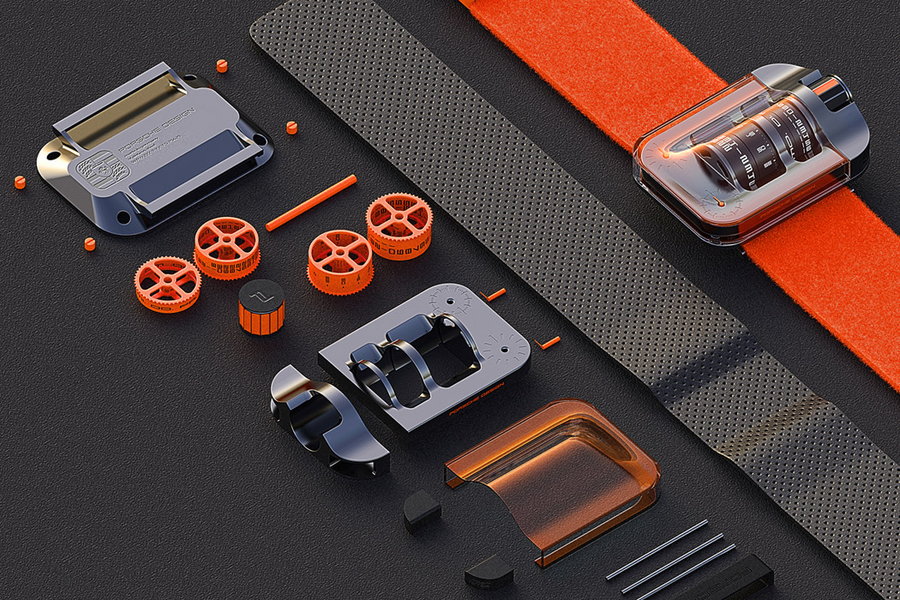 Simon Grytten's Porsche 917-inspired concept watch, broken down into all its individual components.