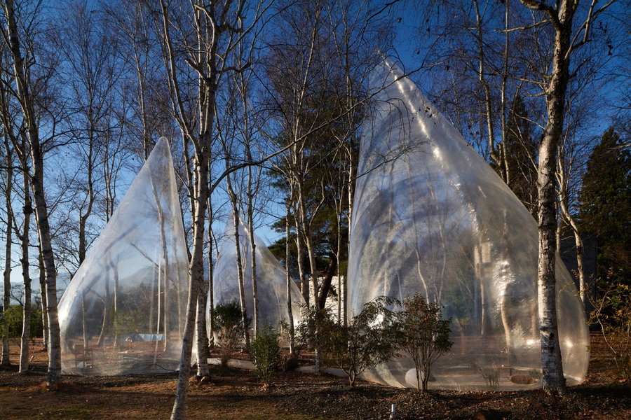 Yuko Nagayama Associates' translucent teardrop-shaped tents at the Hokuto Art Program ed. 1.  