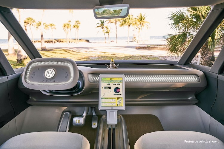 View of the futuristic dash area inside the upcoming electric Volkswagen I.D. Buzz.