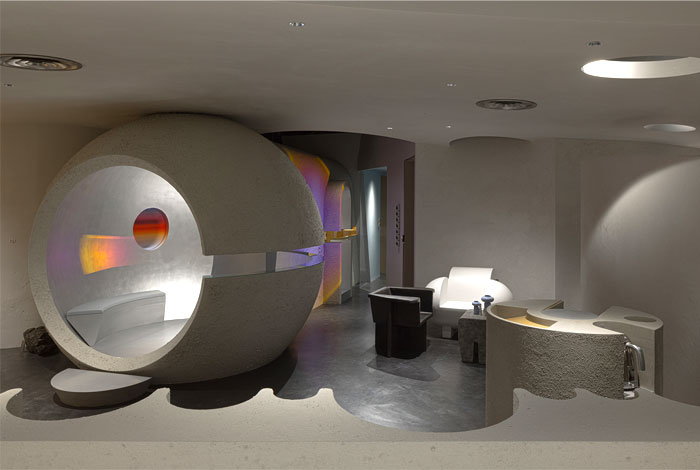 Retro-futuristic pods and treatment centers like these can be found all over China's new Formoral skin care center. 