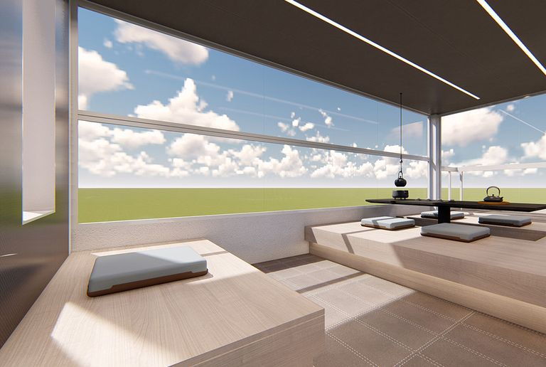 Computer renderings of the spaces inside SAIC's two-story Maxus Life Home V90 RV. 