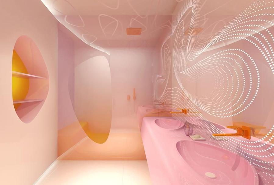 One of many colorful restrooms inside the Karim Rashid-designed Bahrain Eye Hotel