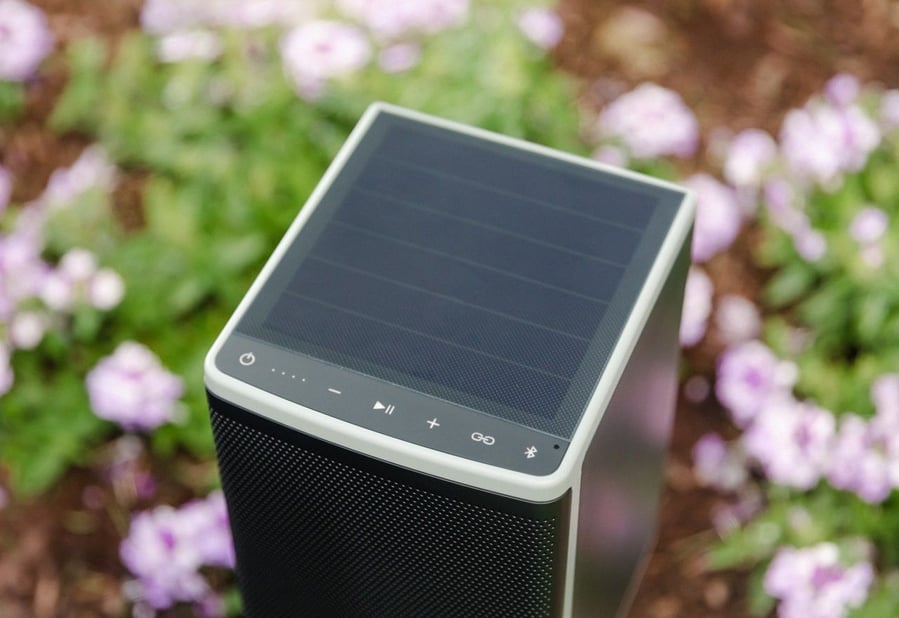 Solar panels on the roof of the Lodge Solar Powered Speaker.