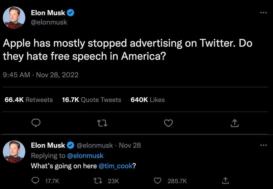 Elon Musk tweets about his gripes with Apple.