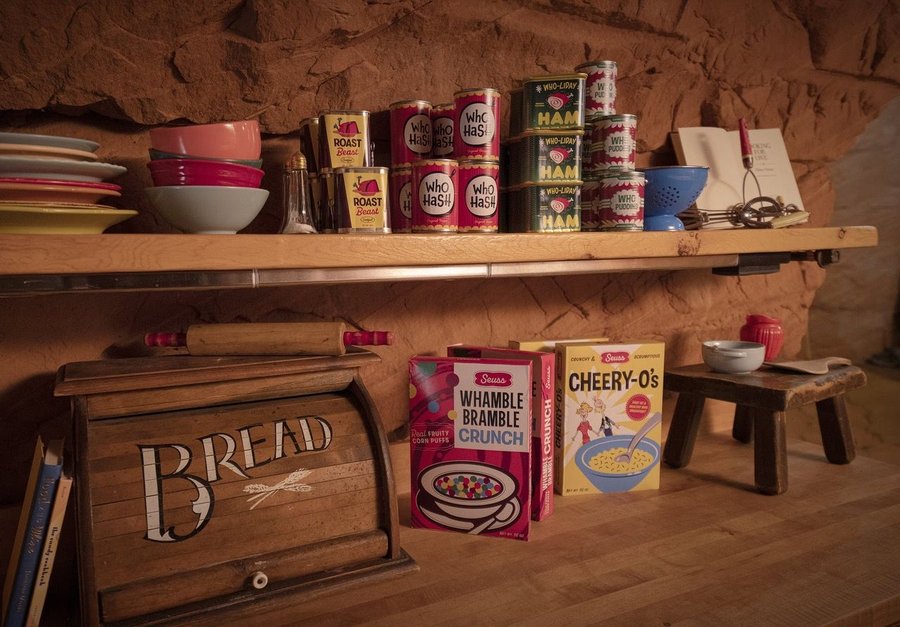 Colorful kitchen pantry inside Vacasa's Grinch's Lair rental in Boulder, Utah.