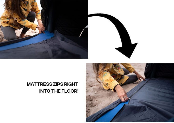 Graphic explains how the Crucoon's mattress can be zipped into the floor. 