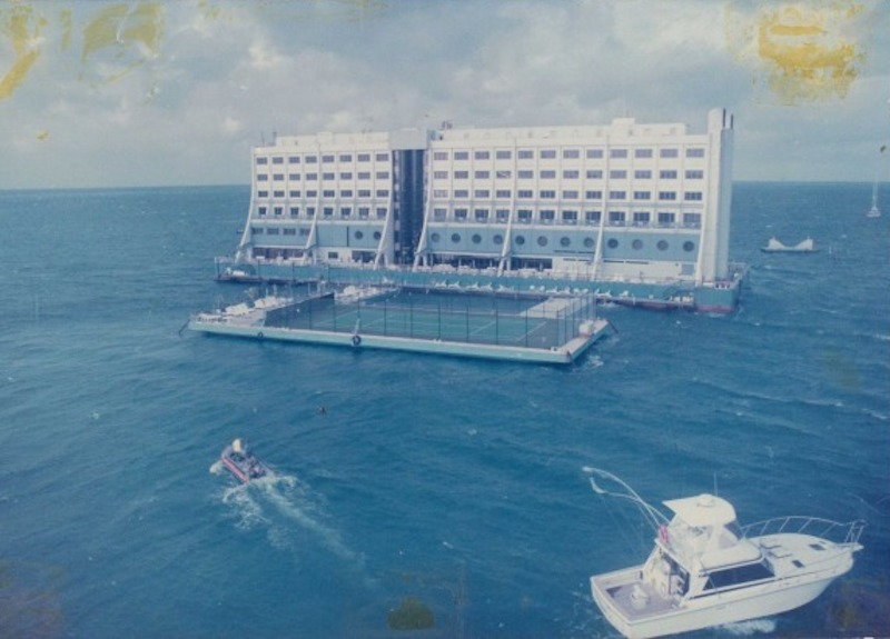 Photo of the Barrier Reef Resort from the 1980s, complete with a large swimming pool that would soon after be struck by a cyclone.