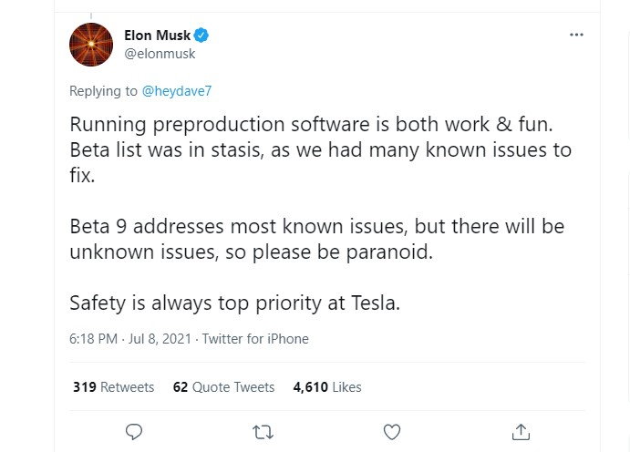 Elon Musk's Beta v9 Tweet