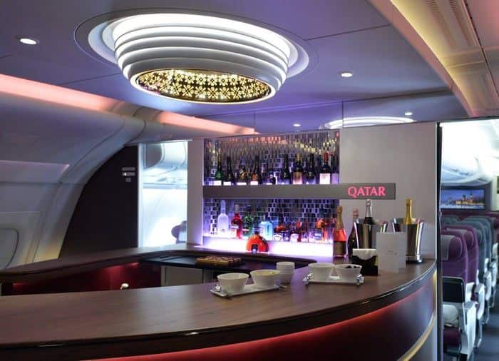 Walk-up bar in the first-class section of a Qatar Airways flight. 