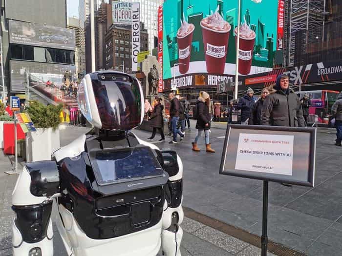 Promobot, a new robot recently released in Times Square to help raise awareness of COVID-19.