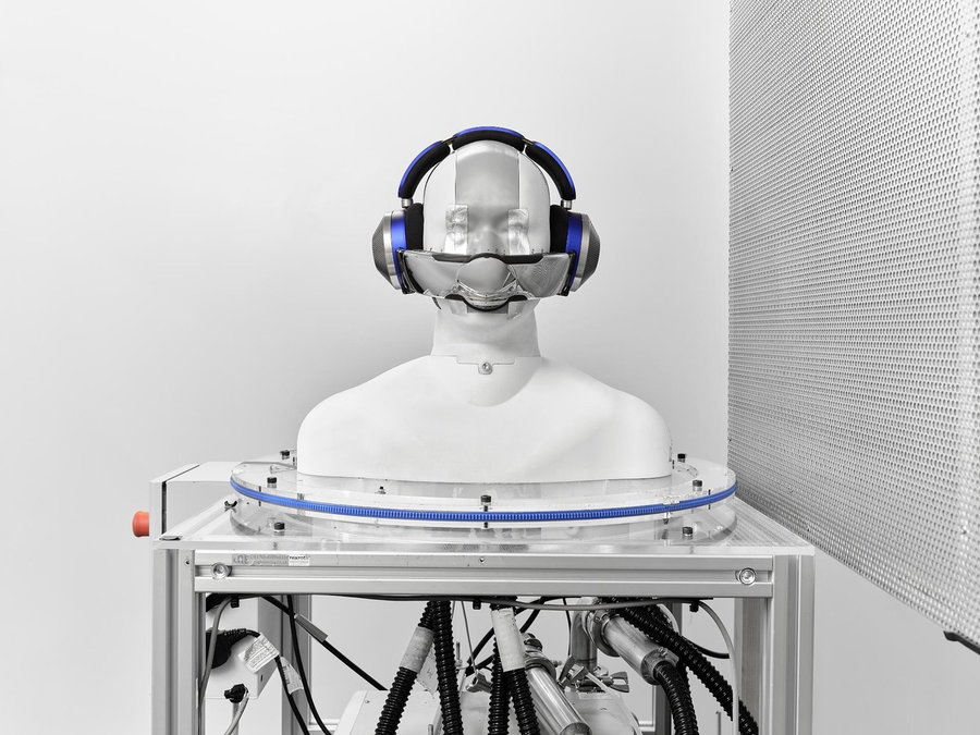 Dyson Zone air purifying headphones being tested on a mannequin.