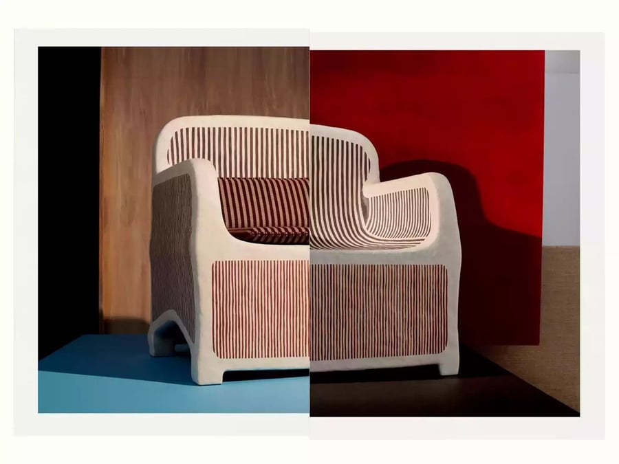 Armchair made of paper-based microfiber featured in Hermès 2021 Milan Design Week display. 