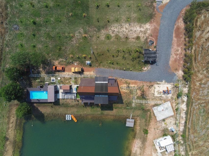 Aerial view of the prefab Container Cabin designed by Tung Jai Ork Baab in the Nakhon Nayok region of Thailand. 