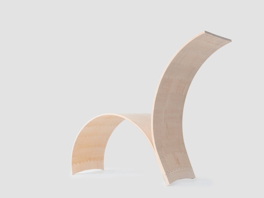 Back view of the Hylo Tech H1 Upright Lounge Chair, made using HygroShape self-assembling wood. 