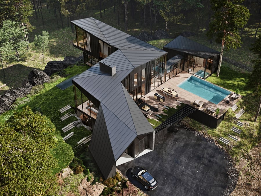 Aerial view of the ultramodern Sylvan Rock home, designed by Aston Martin in collaboration with S3 Architecture.