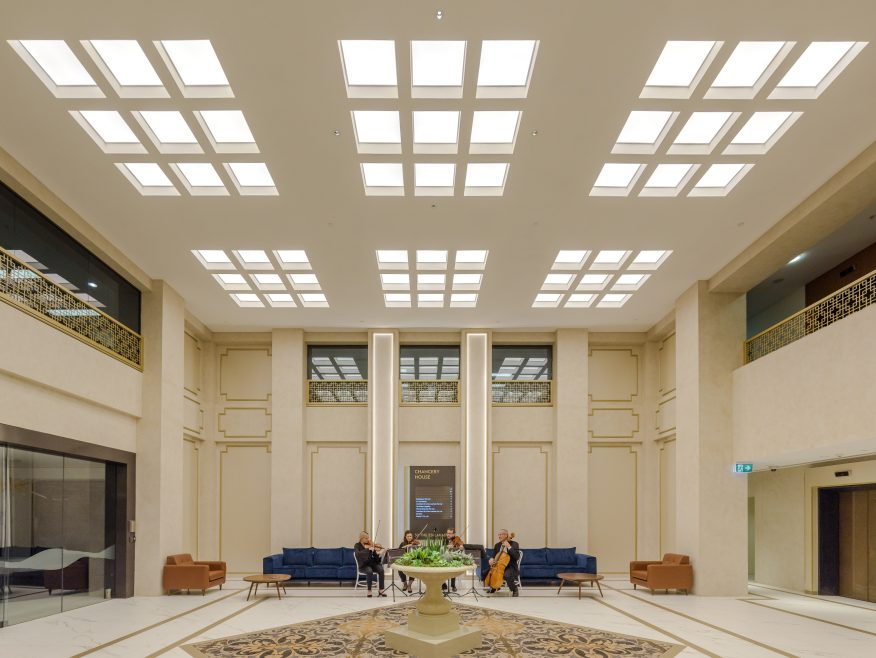 Gypsum ceiling with skylights by USG.