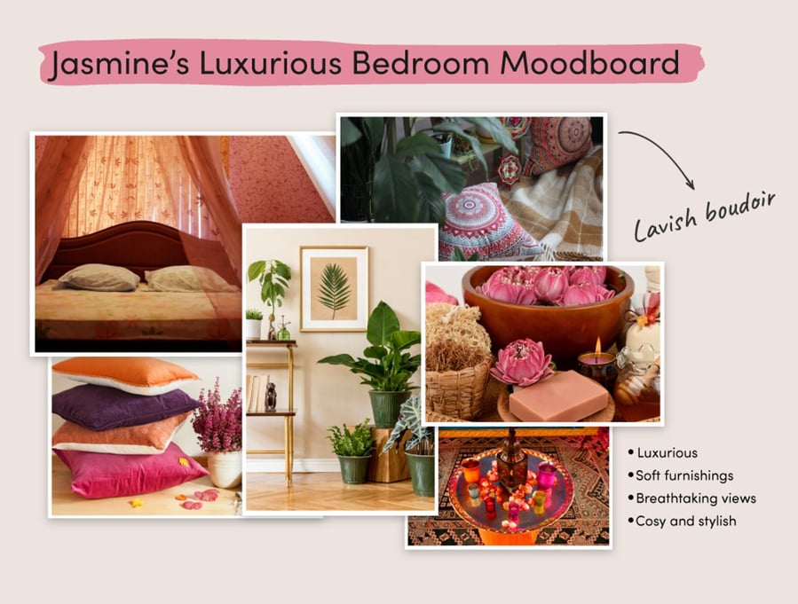 Moodboard the money.co.uk team used to assemble the perfect pieces for Princess Jasmine's fantasy bedroom.