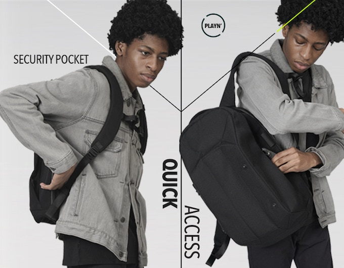 Young man reaches for the Quick Access pocket on his Orphosis minimalist backpack.