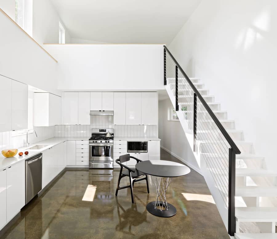 Modern open plan kitchen space inside Chicago's affordable new Hem House.