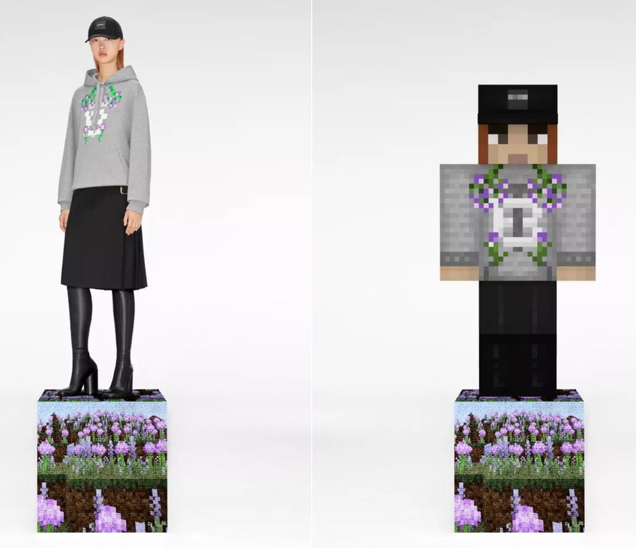 Real-life and digital models sport a floral gray hoodie featured in the new Burberry x Minecraft fashion collection.  
