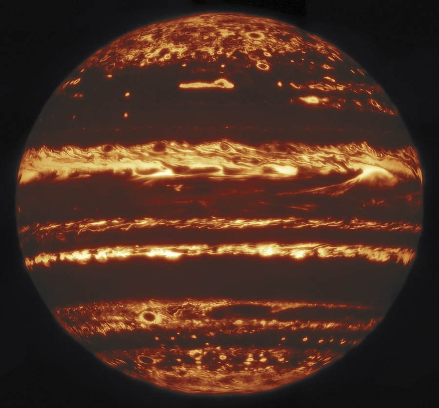 An infrared photo of Jupiter's surface, recently captured by NASA in collaboration with the Gemini Observatory in Hawaii. 
