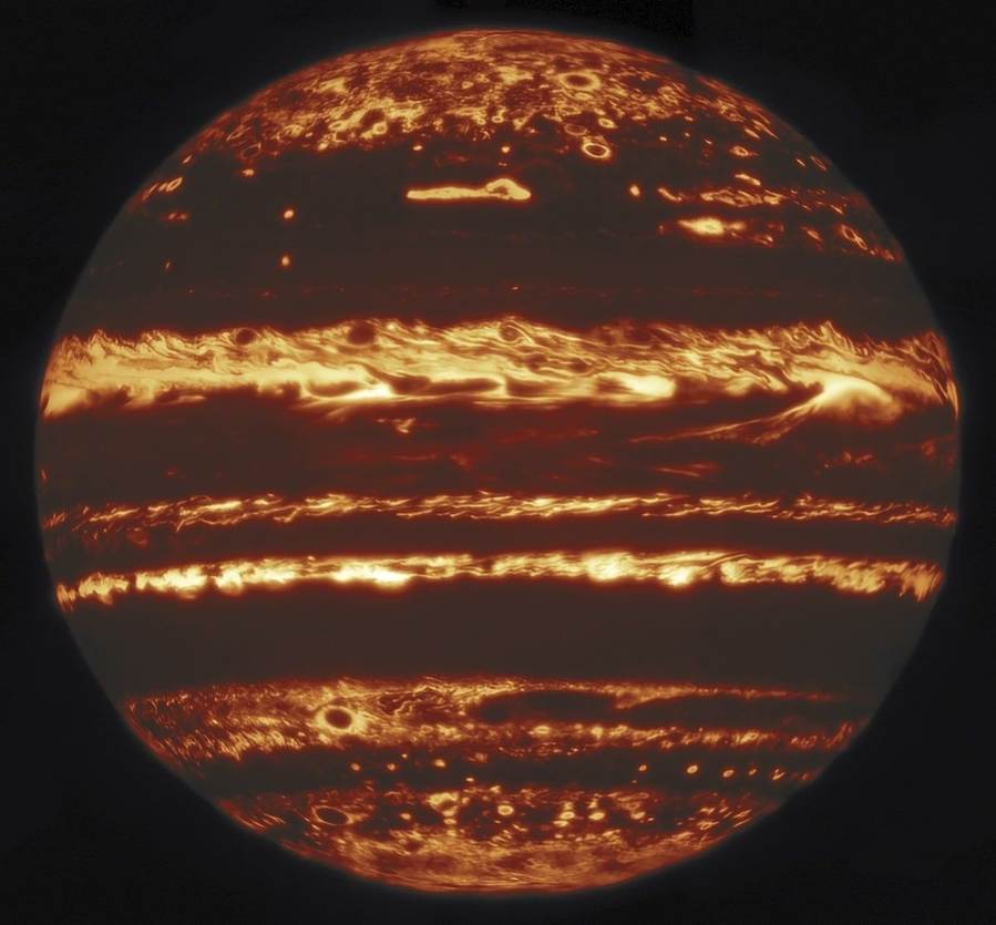 An infrared photo of Jupiter's surface, recently captured by NASA in collaboration with the Gemini Observatory in Hawaii. 