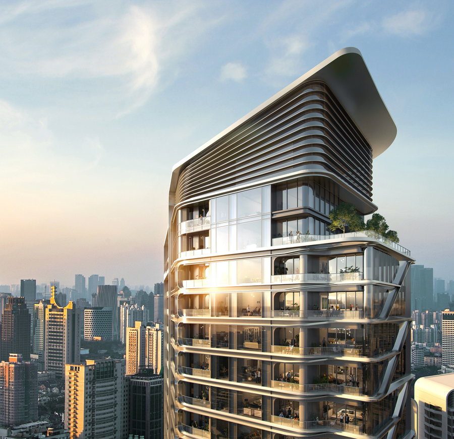 Side view of the Shirble – The Prime complex shows tenants lounging around on their ultramodern balconies.