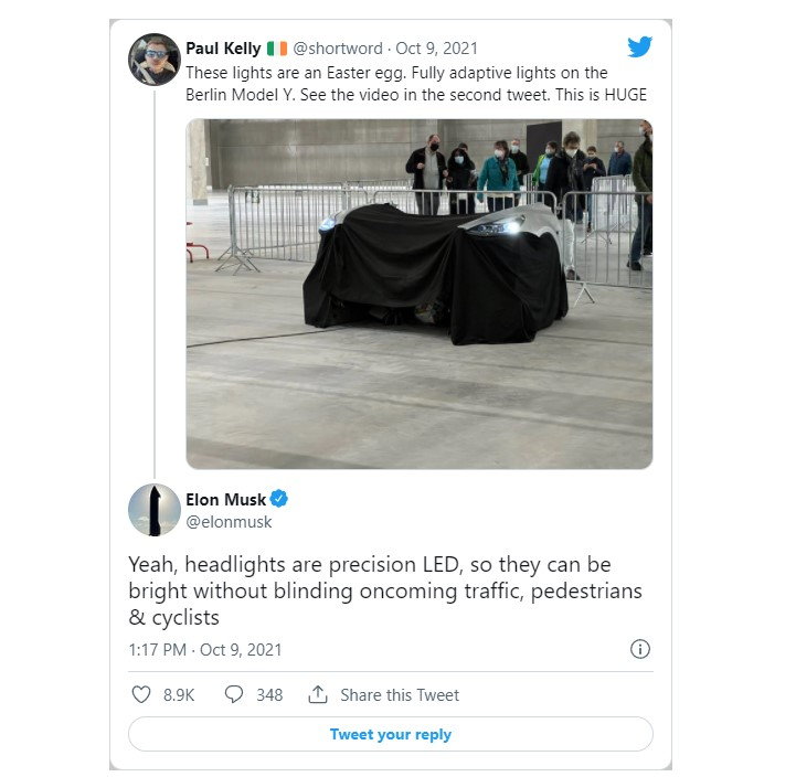 Tesla CEO Elon Musk tweets out confirmation for the company's European headlight update.