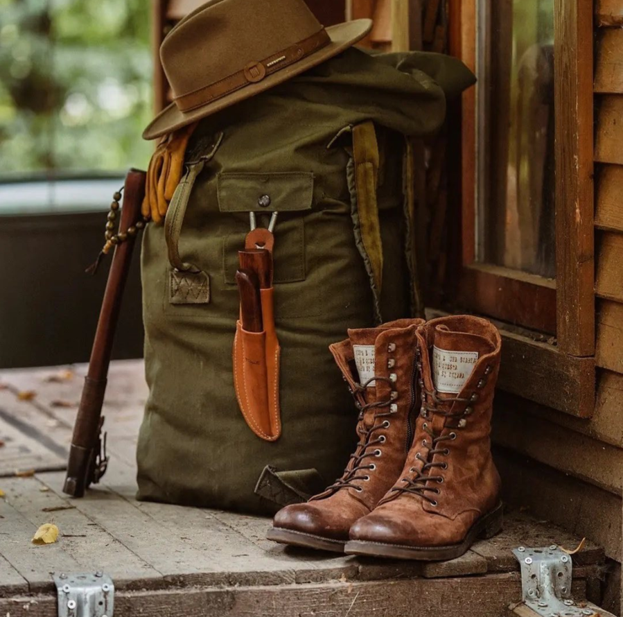 Outdoor essentials like hiking boots, a solid backpack, and a wide-brimmed hat.