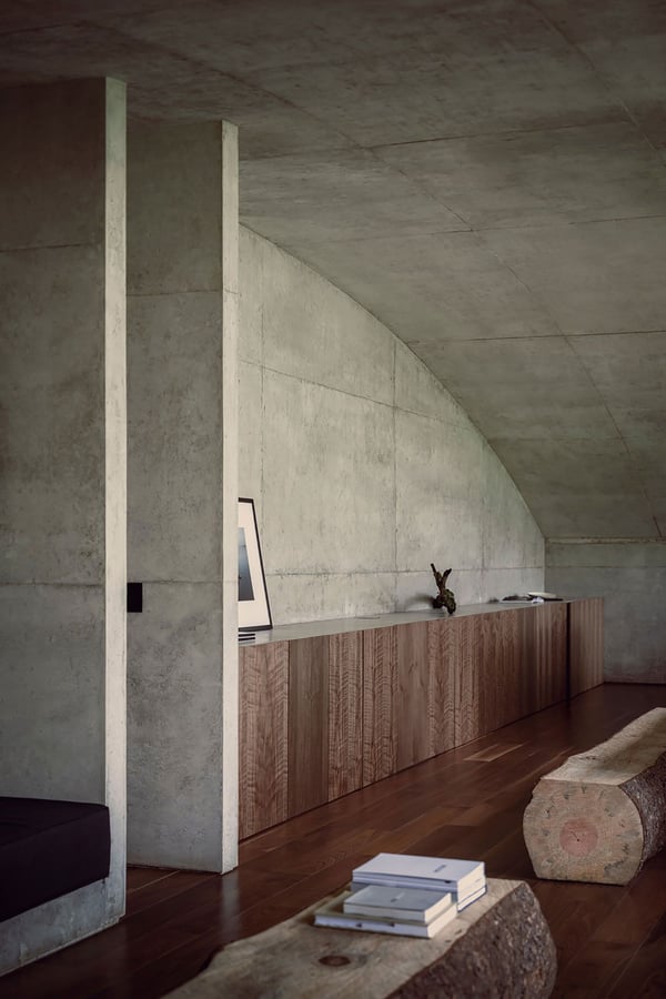 Minimalist living area inside the Hill in Front of the Glen home, comprised of concrete walls and warm wooden accents.
