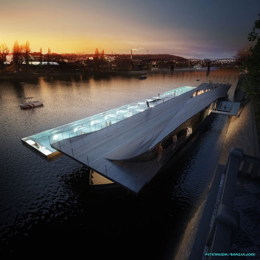 Brainwork Studio's proposed floating pool along the restored Vltava River embankment.