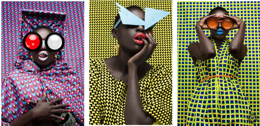 Kenyan women don boldly-patterned textiles and upcycled accessories for artist Thandiwe Muriu's 