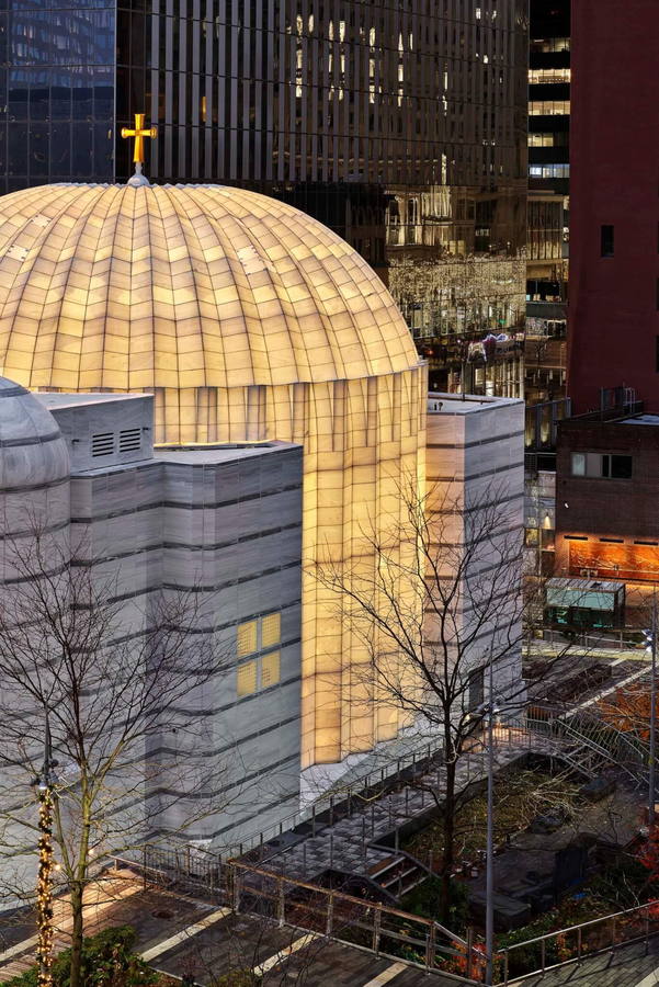 Exterior side view of the World Trade Center's restored Saint Nicholas Greek Orthodox Church.